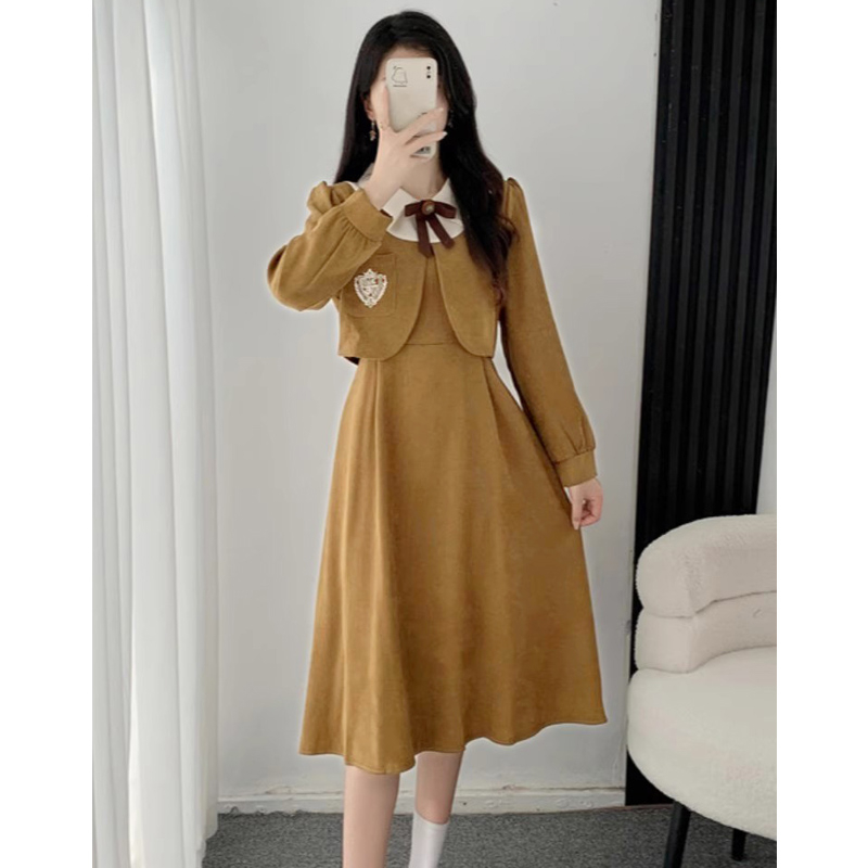 送蝴蝶結胸針｜ 高級感假兩件燈芯絨連衣裙女秋冬法式學院風
