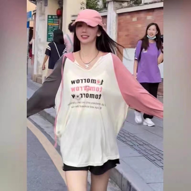 時尚撞色薄款連帽長袖防曬衫女2023夏季新款字母印花透氣寬鬆上衣