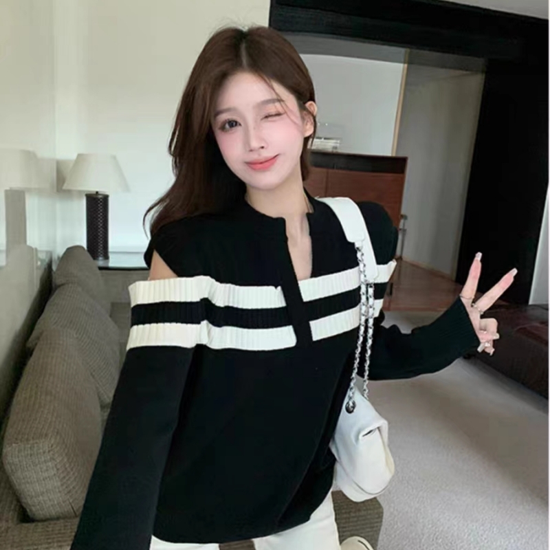 條紋拼接長袖針織衫女裝秋季2023新款復古法式設計感露肩寬鬆上衣
