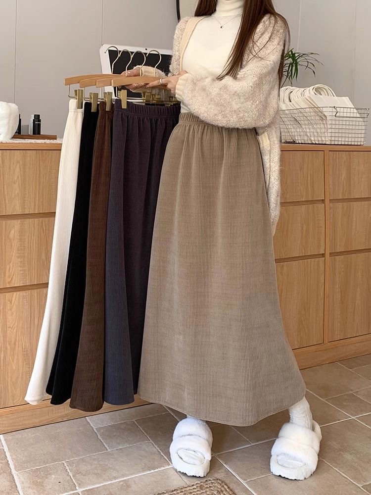 Retro Thickened Corduroy Skirt Women's Autumn New 2023 High Waist Slim Versatile Mid-Length A-Line Skirt