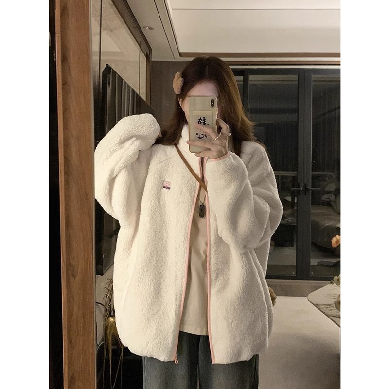 Cute lamb wool cotton coat for women autumn and winter 2023 new Korean style loose student warm thickened plush cotton coat