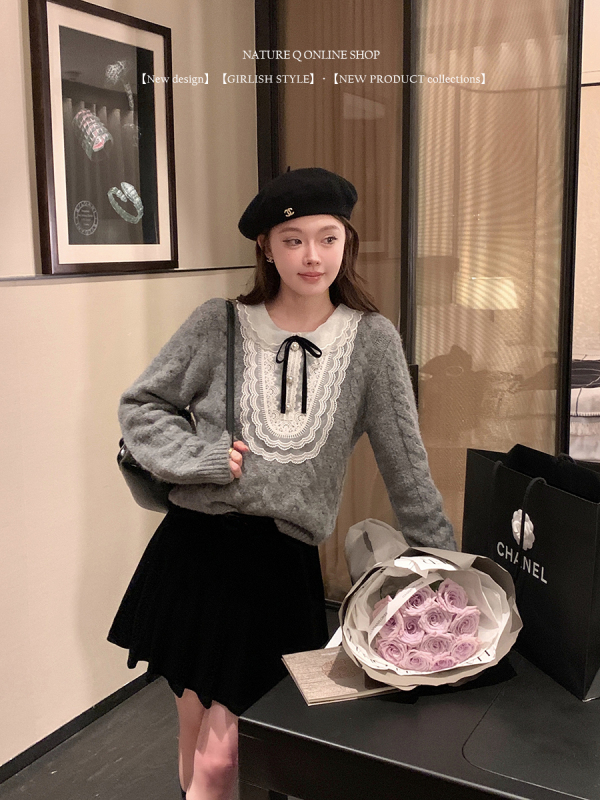 楊小卷 miu系復古慵懶風蝴蝶結套頭麻花毛衣女秋冬高級感灰色上衣