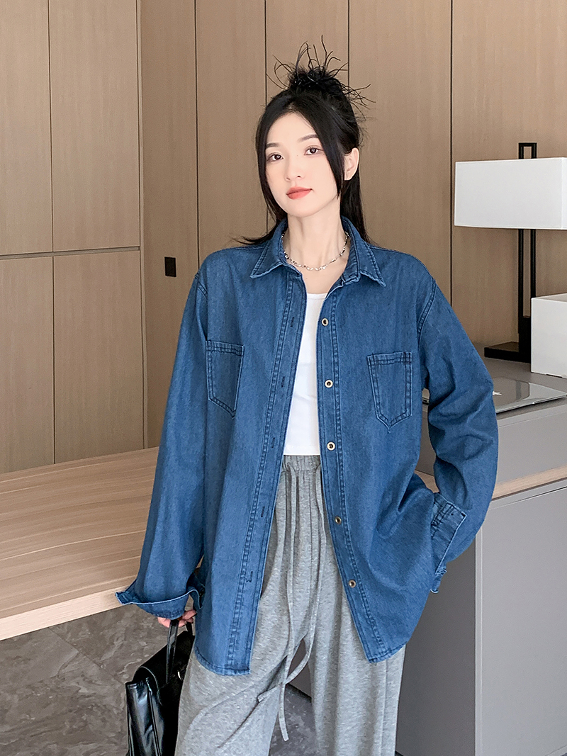 實拍~小眾復古寬鬆牛仔襯衫外套女新款中長款港風雙口袋上衣