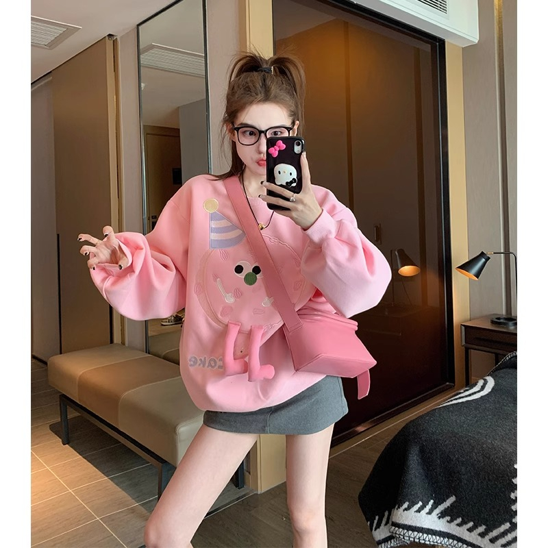 原版做工設計感圓領衛衣女2023新款秋冬加絨加厚洋氣減齡上衣