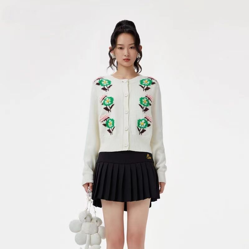 復古提花圓領外套2023秋季新款綠色花朵針織開衫小個子短款上衣女