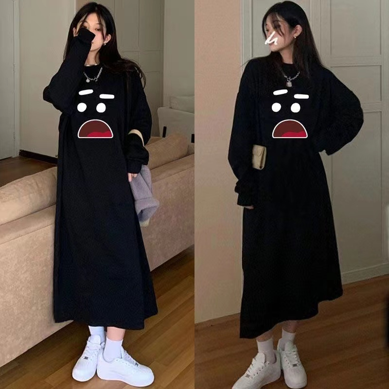 秋冬加絨加厚懶人長款衛衣裙女胖mm大碼寬鬆小眾甜酷過膝連衣裙潮