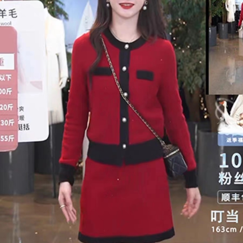 秋裝茶系穿搭針織小香風職業套裝女高級感紅色外套半身裙兩件套
