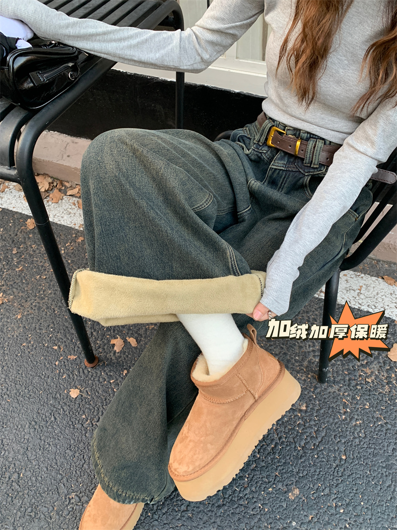 實拍 冬季新款高腰寬鬆型韓版百搭顯瘦闊腿長牛仔褲女