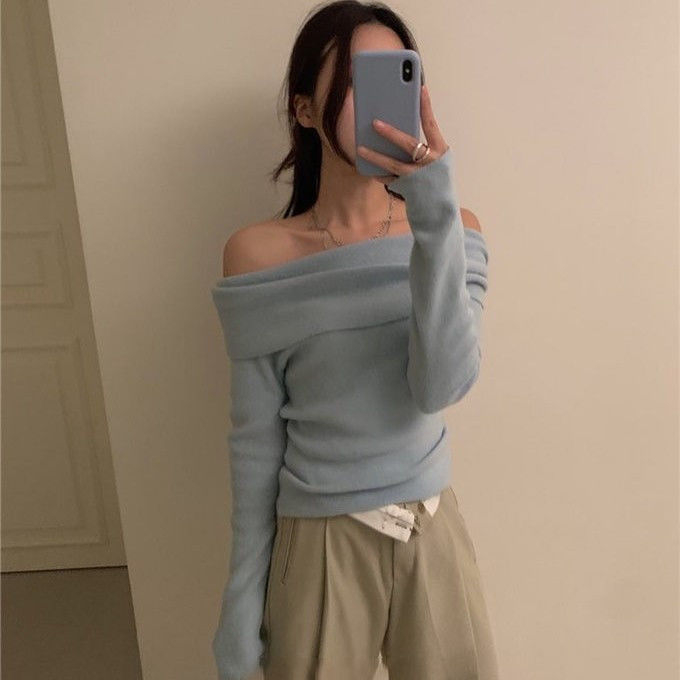簡約秋冬baby嬰兒藍甜美露鎖骨露肩顯瘦百搭