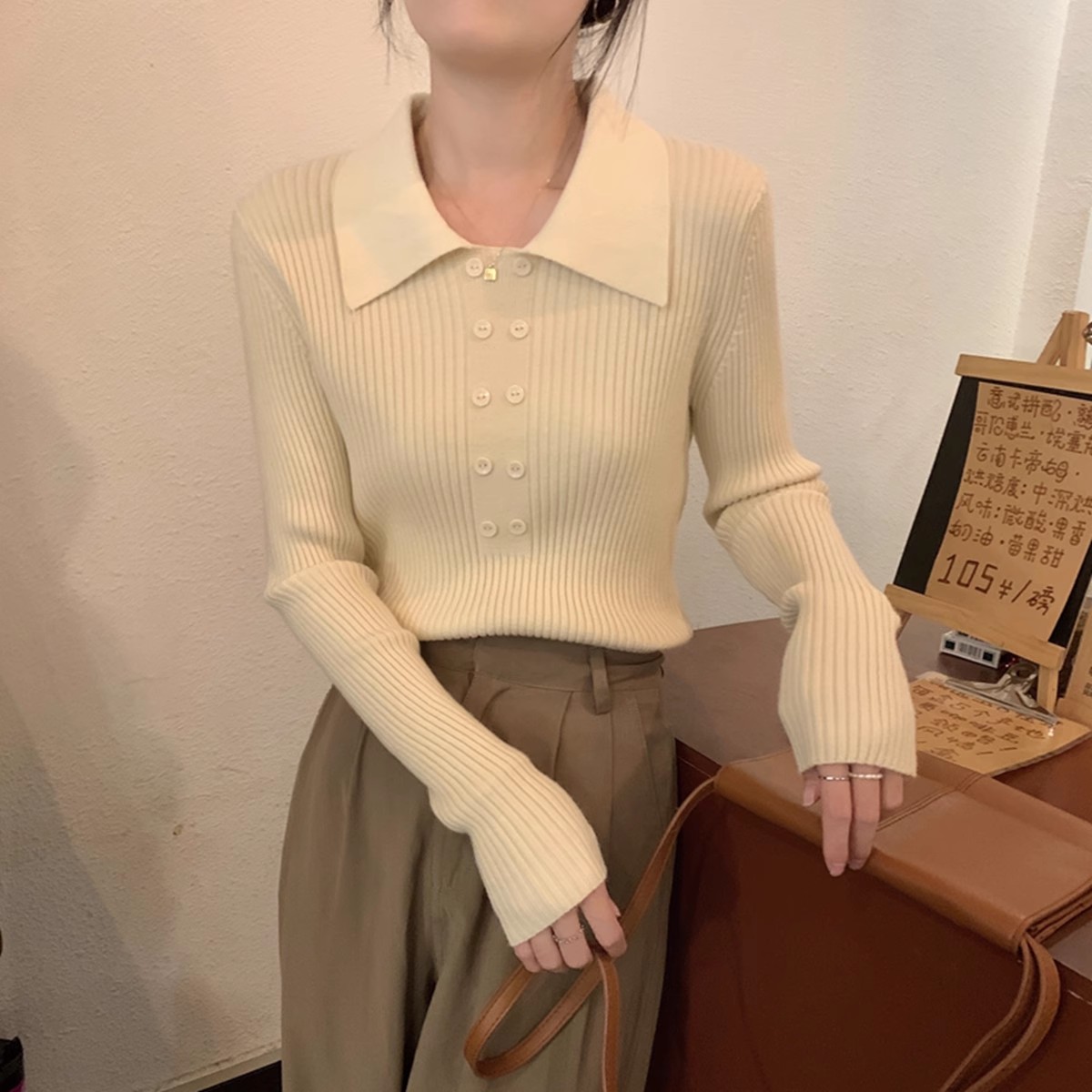 polo領軟糯毛衣內搭秋裝女2023年新款氣質打底針織衫獨特别致上衣