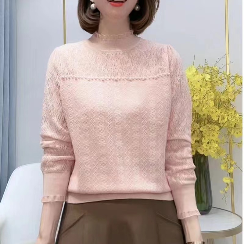 蕾絲鏤空打底衫毛衣女秋冬2023新款遮肚子高級感半高領針織衫上衣