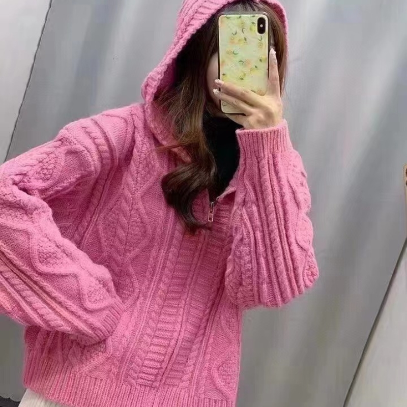 毛衣寬鬆女baby軟奶藍帽子外穿麻花慵懶短款很仙拉鏈針織開衫外套
