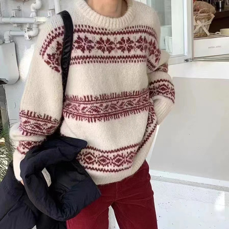 韓國東大門23冬新款復古雪花圓領毛衣女聖誕復古民族風針織上衣