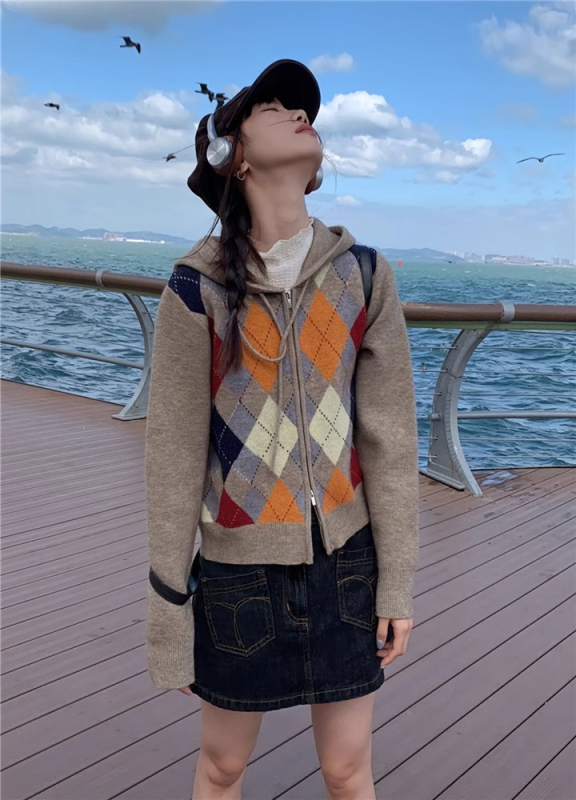 美式復古菱形毛衣開衫外套2023新款秋冬季小個子針織衫長袖上衣女