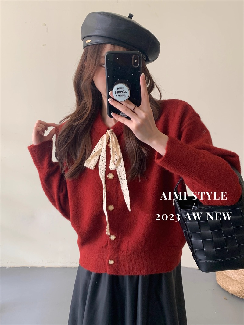 Aimistyle 原創原版蝴蝶結蕾絲系帶針織開衫女寬鬆百搭毛衣外套女