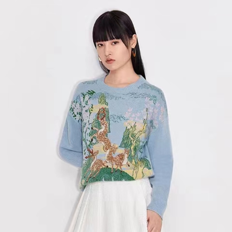國風系列 歐時力 新中式毛衣女 新款時尚春裝設計感提花珠片寬鬆