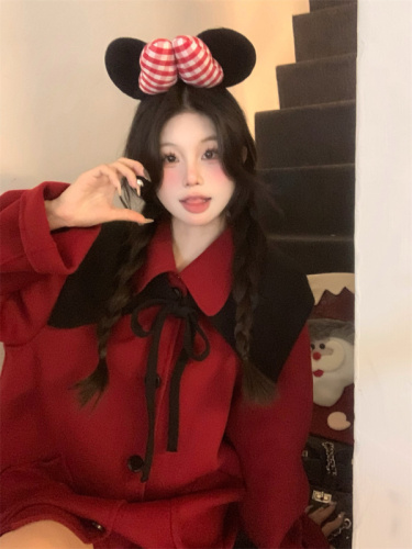 Real shot~Christmas red doll collar double-sided red coat with atmospheric mid-length coat for women