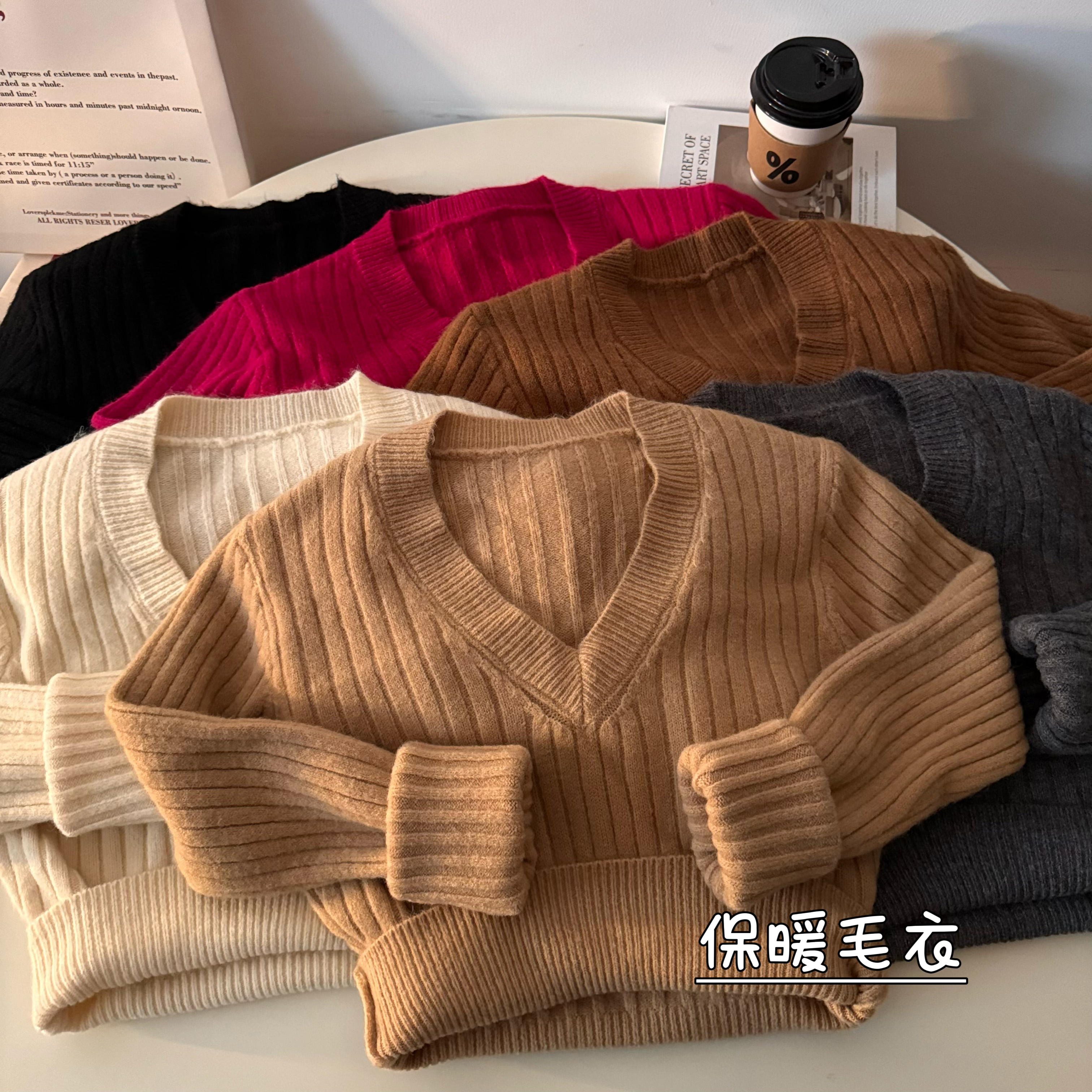 實拍v領套頭毛衣女加厚冬季設計感高級感寬鬆慵懶風針織上衣