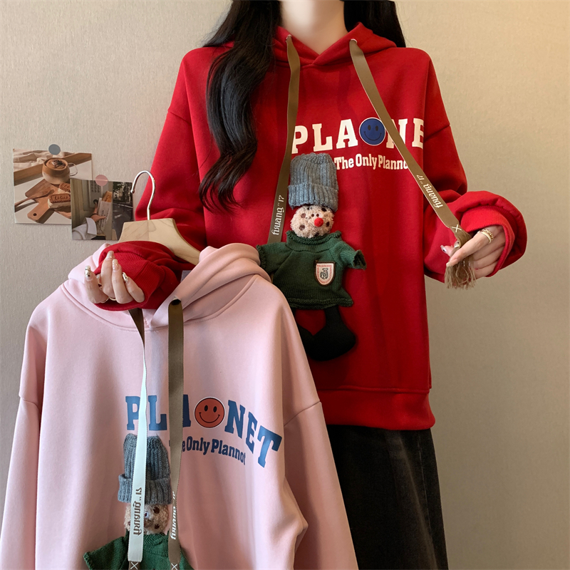實拍 冬季韓版寬鬆純棉複合連帽立體卡通裝飾大碼加絨衛衣女