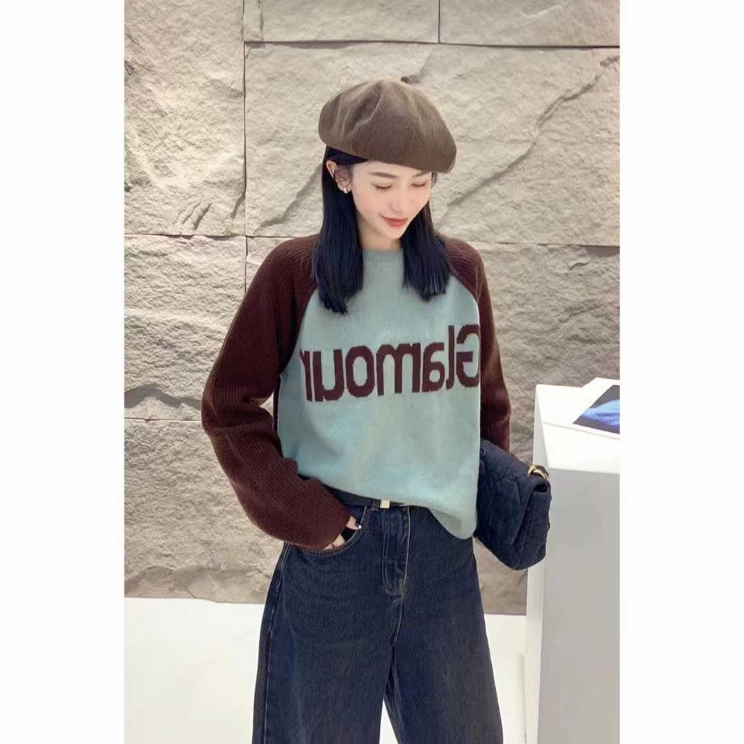 秋冬季加厚百搭拼色毛衣女字母提花外穿打底衫氣質寬鬆長袖上衣潮