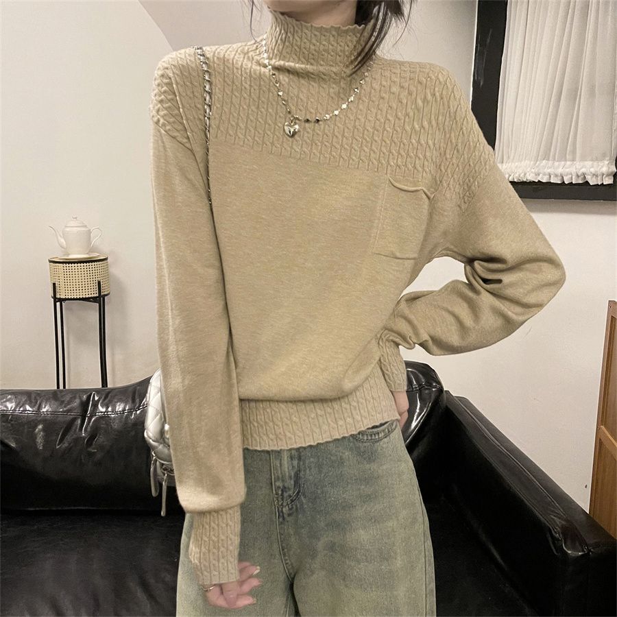 實拍半高領針織衫毛衣女春秋遮肚子設計感氣質打底衫上衣