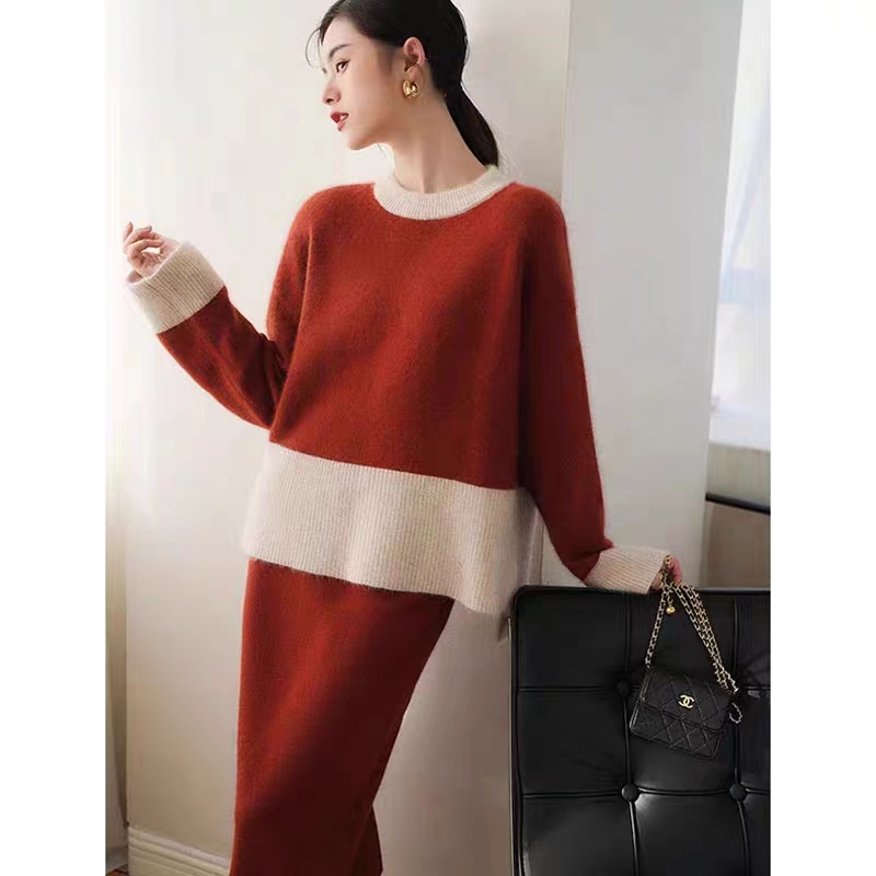 New Year's greetings red sweater New Year's shirt clothes high-end socialite winter wear small fragrance two-piece suit skirt