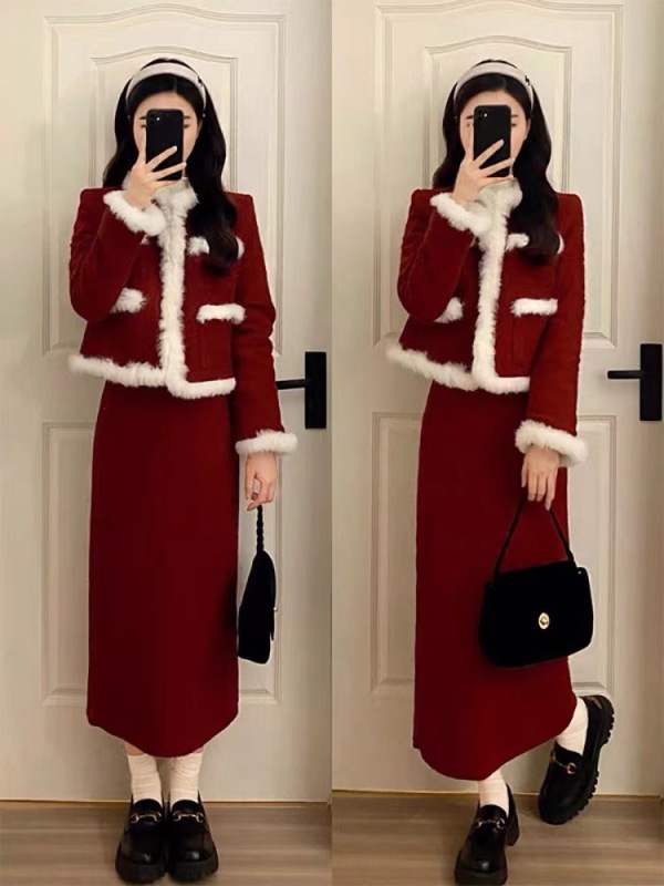 紅色加棉兩件套裝裙女秋冬款韓劇穿搭奶系高級感氣質名媛新年戰袍