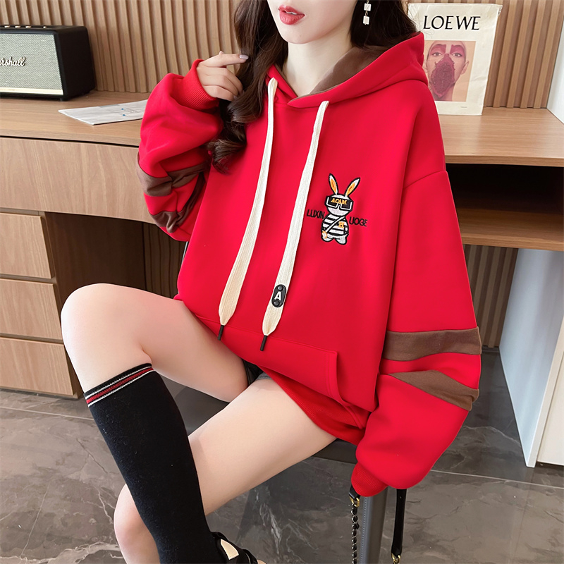 實拍 冬季韓版寬鬆純棉複合連帽拉鏈印花大碼加絨衛衣女