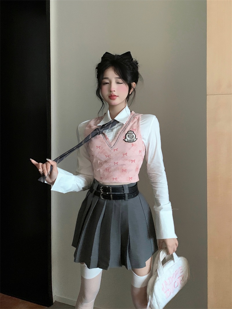 實拍滿足少女心~春裝新款學院風磨毛燈芯絨背心+襯衣+半身裙