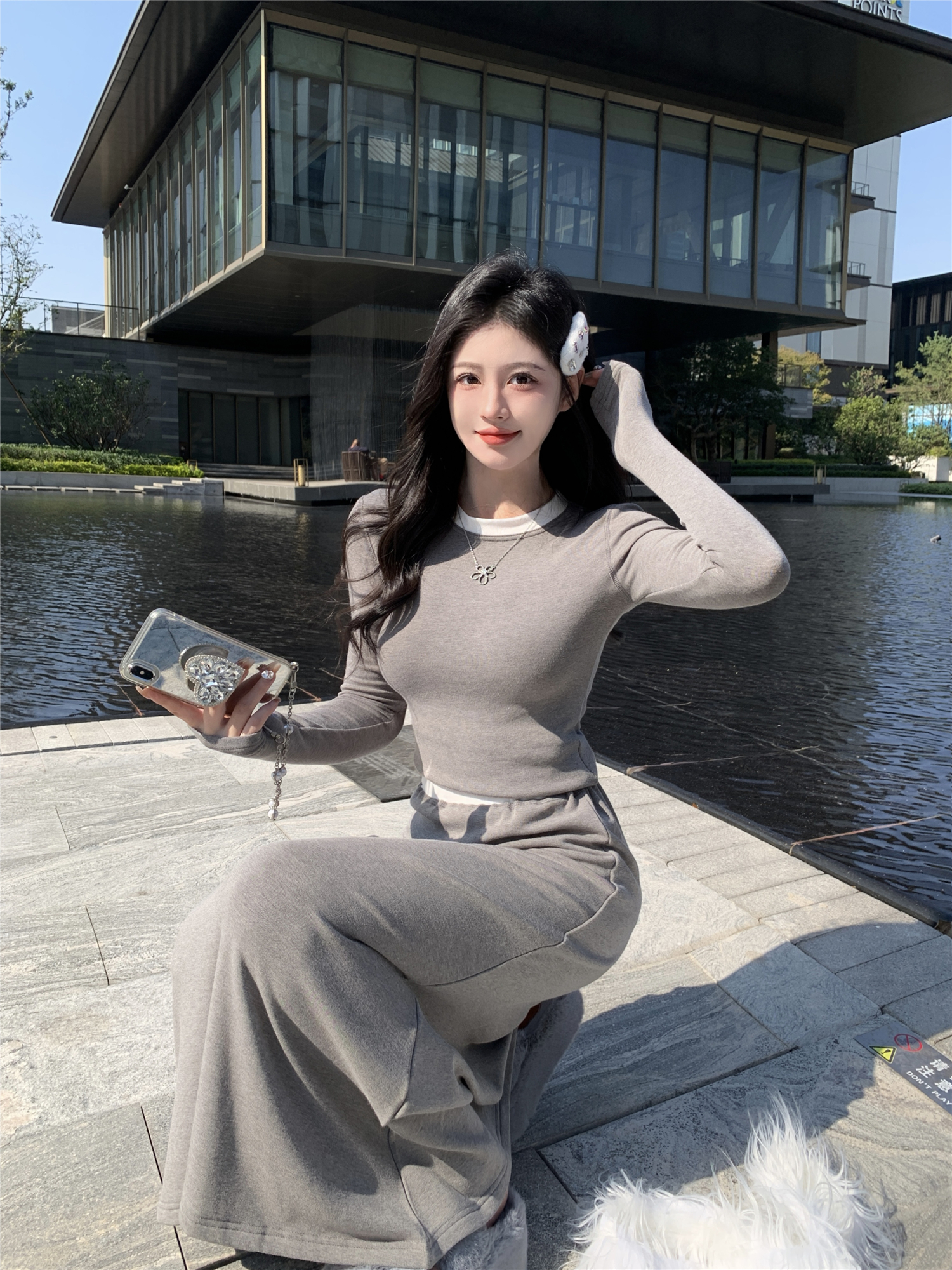 實拍~miu風磨毛加絨修身圓領撞色短上衣打底衫+寬鬆長裙套裝