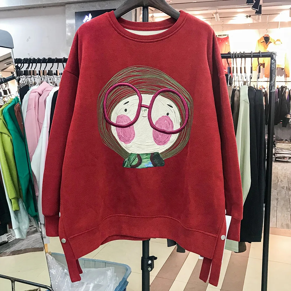 外單專供-2024韓國新款秋冬季加絨衛衣女卡通頭像大碼中長款上衣
