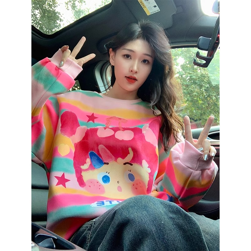 原版做工條紋加絨衛衣秋冬洋氣減齡卡通設計感小個子慵懶上衣