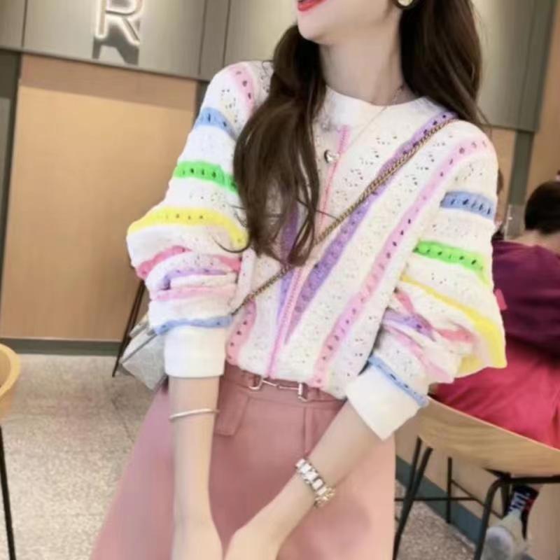 新品2023年秋季新款小眾彩虹條紋鈎花鏤空毛衣女裝套頭寬鬆長袖針