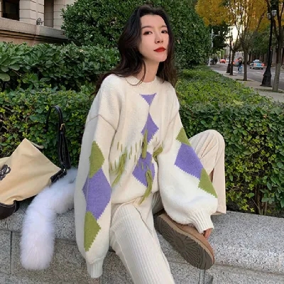 漁小平自製 紫色菱形格手縫線寬鬆慵懶風毛衣套頭長袖打底針織衫