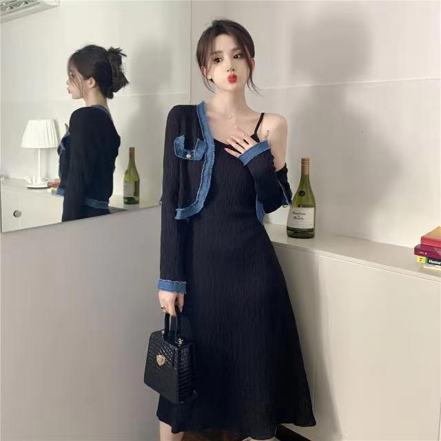 早秋大碼胖mm高級感針織兩件套拼接短外套吊帶裙遮肉減齡顯瘦套裝