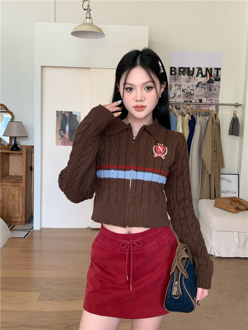 實拍 韓版學院風短款翻領拉鏈開衫毛衣外套女