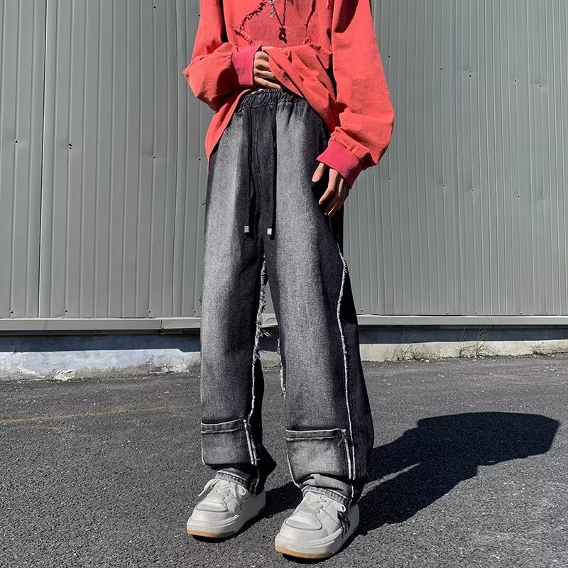 歐美高街vibe褲子小眾設計感水洗拼接黑灰色牛仔褲男女直筒滑板褲