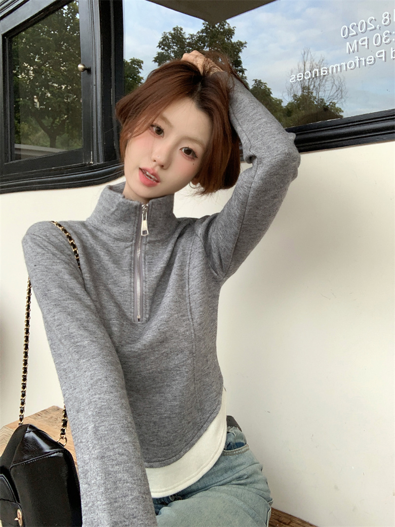 實拍 立領收腰線條拼接羊絨加厚長袖T恤半拉鏈打底衫女上衣