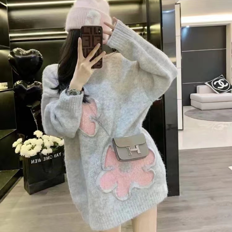 Leathercat毛衣女秋冬2023新款小眾設計感小個子寬鬆慵懶風針織衫