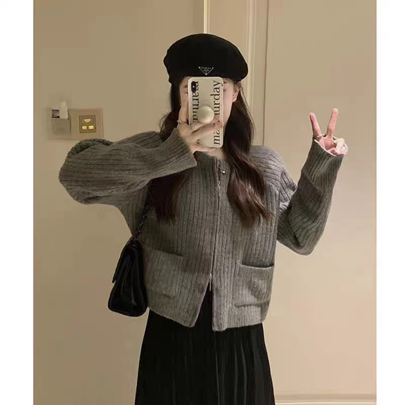 秋冬季女裝韓系別致chic高級感毛衣外套女小個子絕美拉鏈針織開衫
