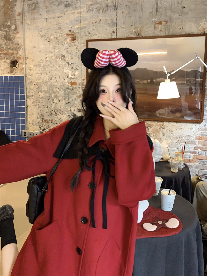 Real shot~Christmas red doll collar double-sided red coat with atmospheric mid-length coat for women