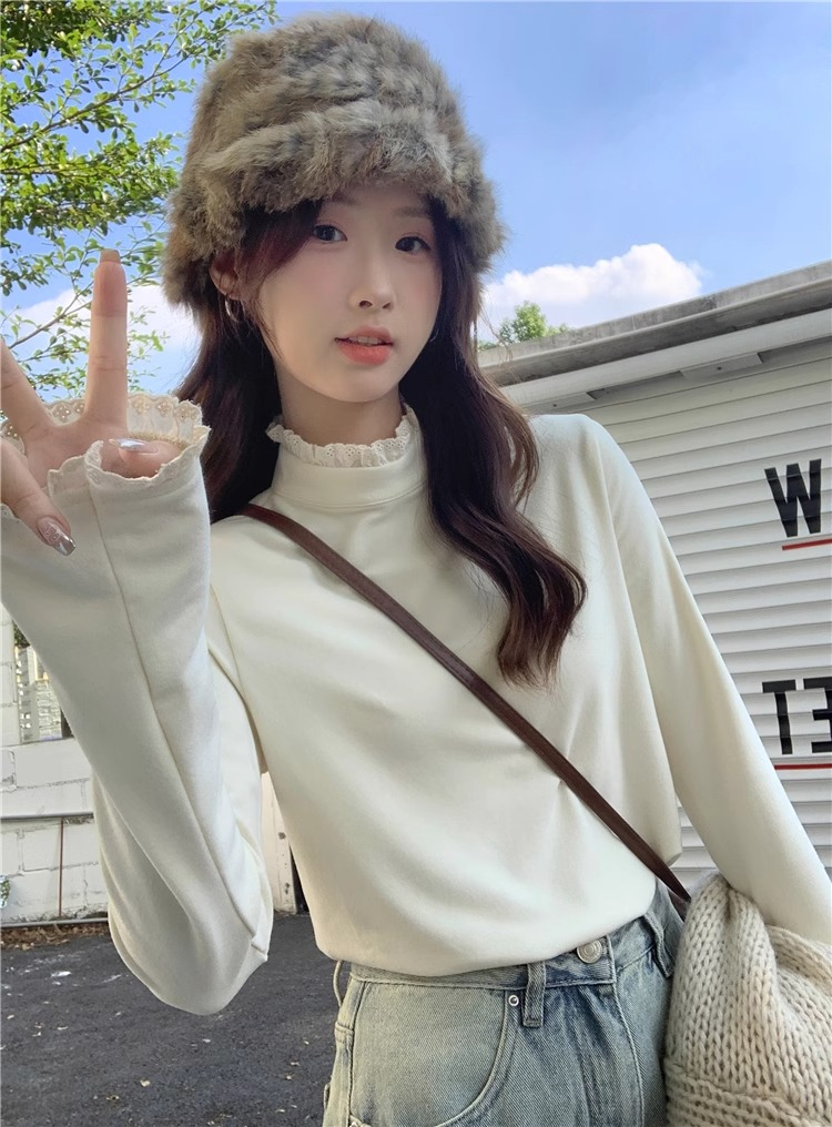 Lace half turtleneck bottoming T-shirt women's 2023 autumn and winter new design niche long-sleeved top