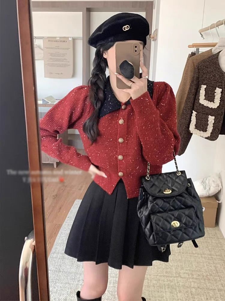 毛衣廠家聖誕紅色星空小香風毛衣外套女秋冬2023新款慵懶翻領
