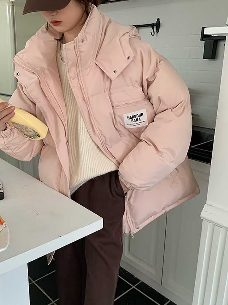 Winter 2023 new pink down cotton jacket women's short student loose thickened cotton coat hooded cotton jacket