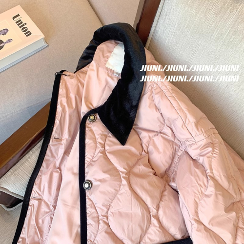 Pink velvet spliced ​​lapel rhombus cotton jacket for women winter  new casual loose thickened small fragrance style jacket