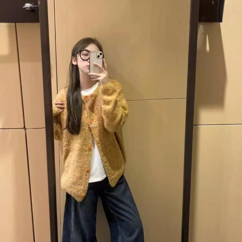 顯瘦秋冬寬鬆慵懶風黃色圓領針織短款毛衣開衫上衣外套ins潮女款