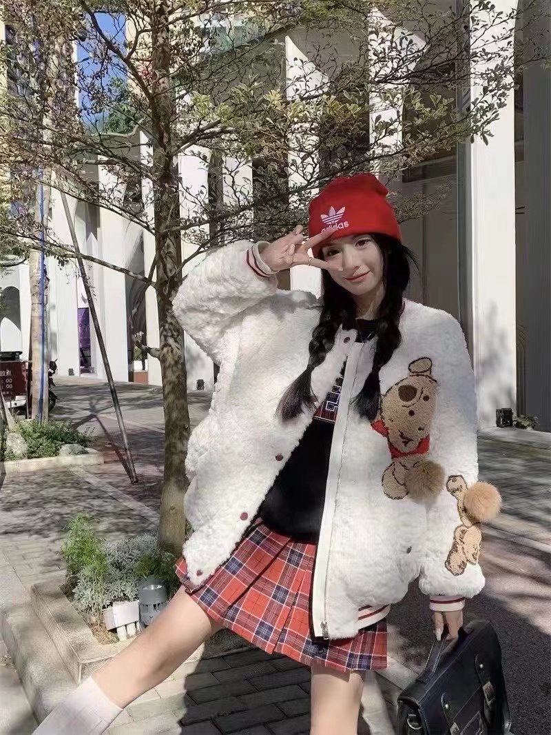 Cotton Bear Baseball Uniform Lamb Wool Jacket Women's Autumn and Winter New Casual Fashion American Thickened Plush Jacket