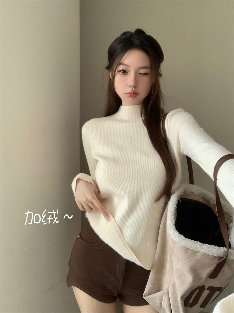 實拍 冬季韓版一體絨加厚加絨半高領針織衫打底毛衣女
