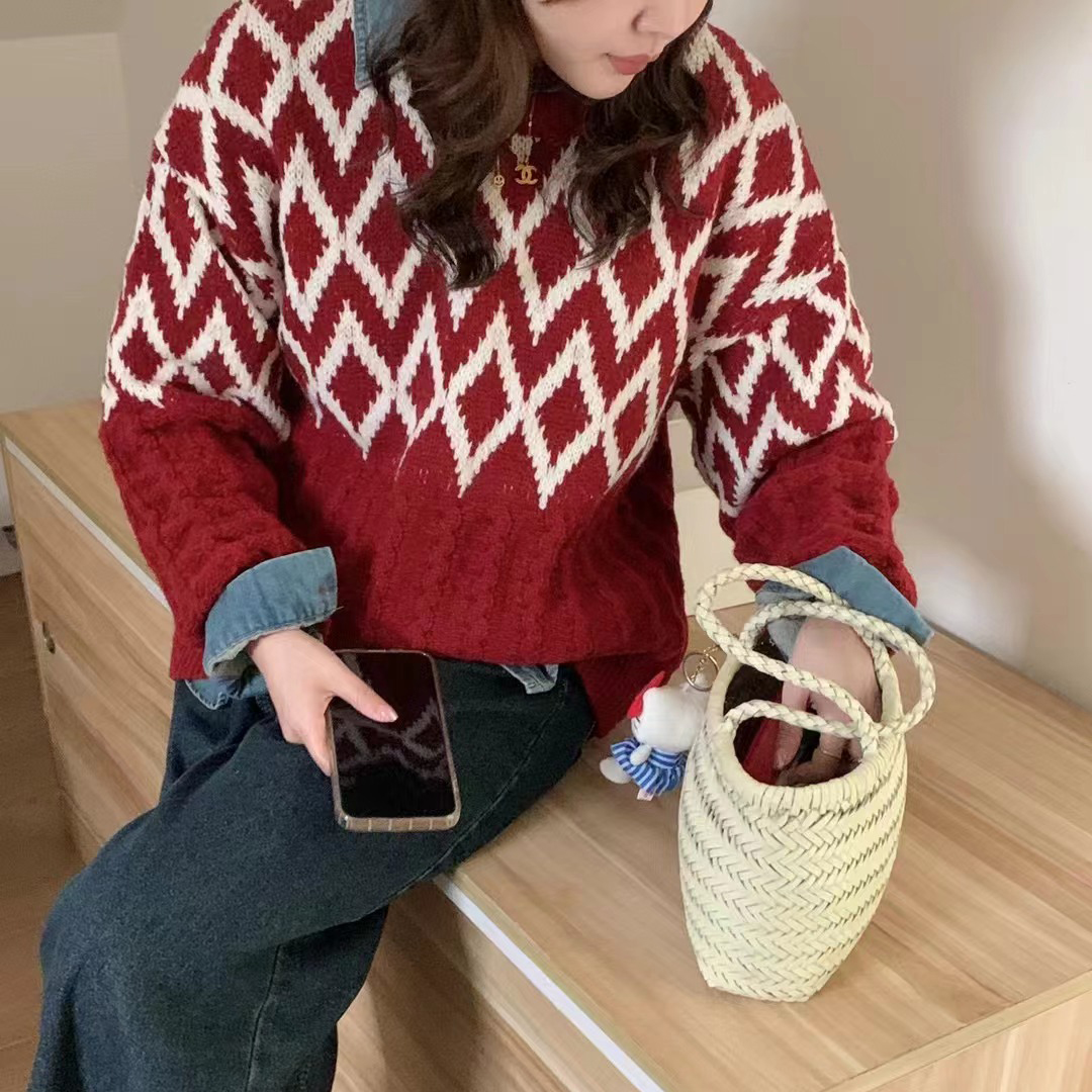 慵懶風菱格毛衣女2023秋冬季新款上衣寬鬆減齡短款套頭打底針織衫