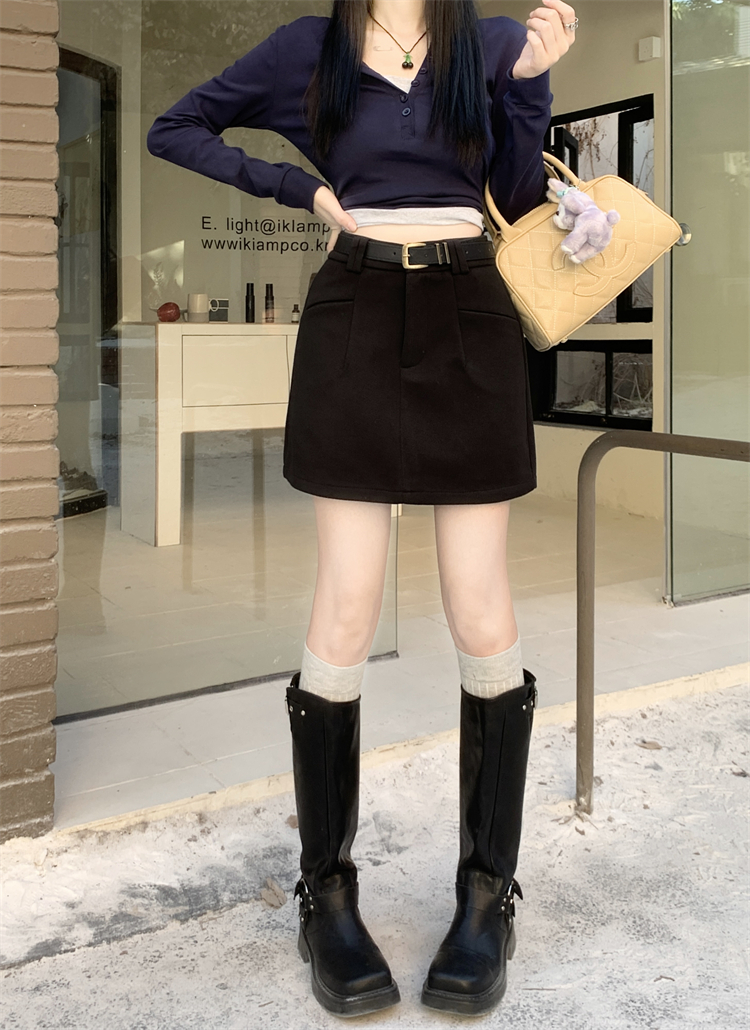實拍 ~美式辣妹毛呢半身裙女高腰顯瘦A字包臀防走光短裙